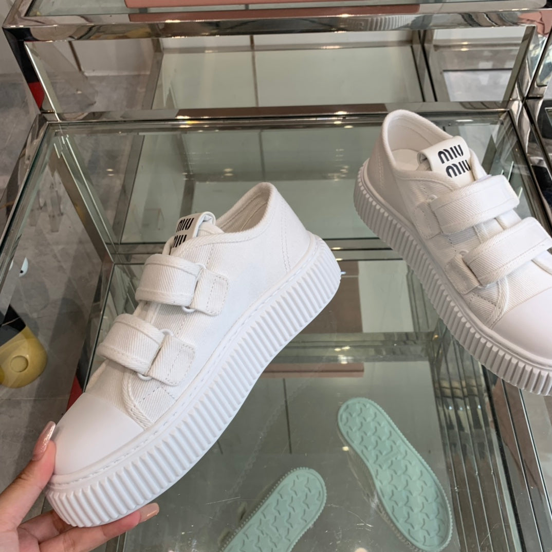 Thick-Soled Denim Sneakers White - 35
