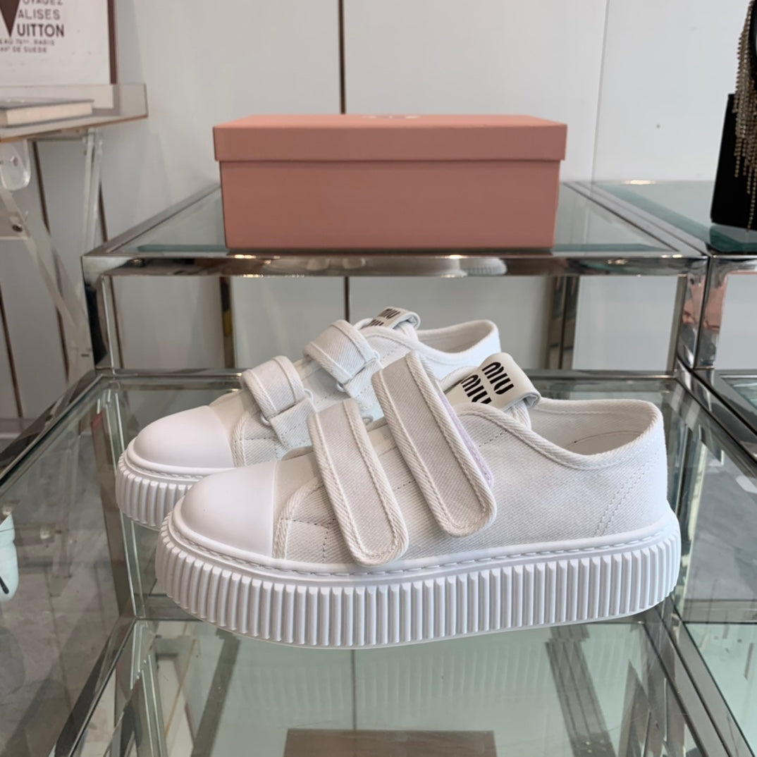 Thick-Soled Denim Sneakers White - 35