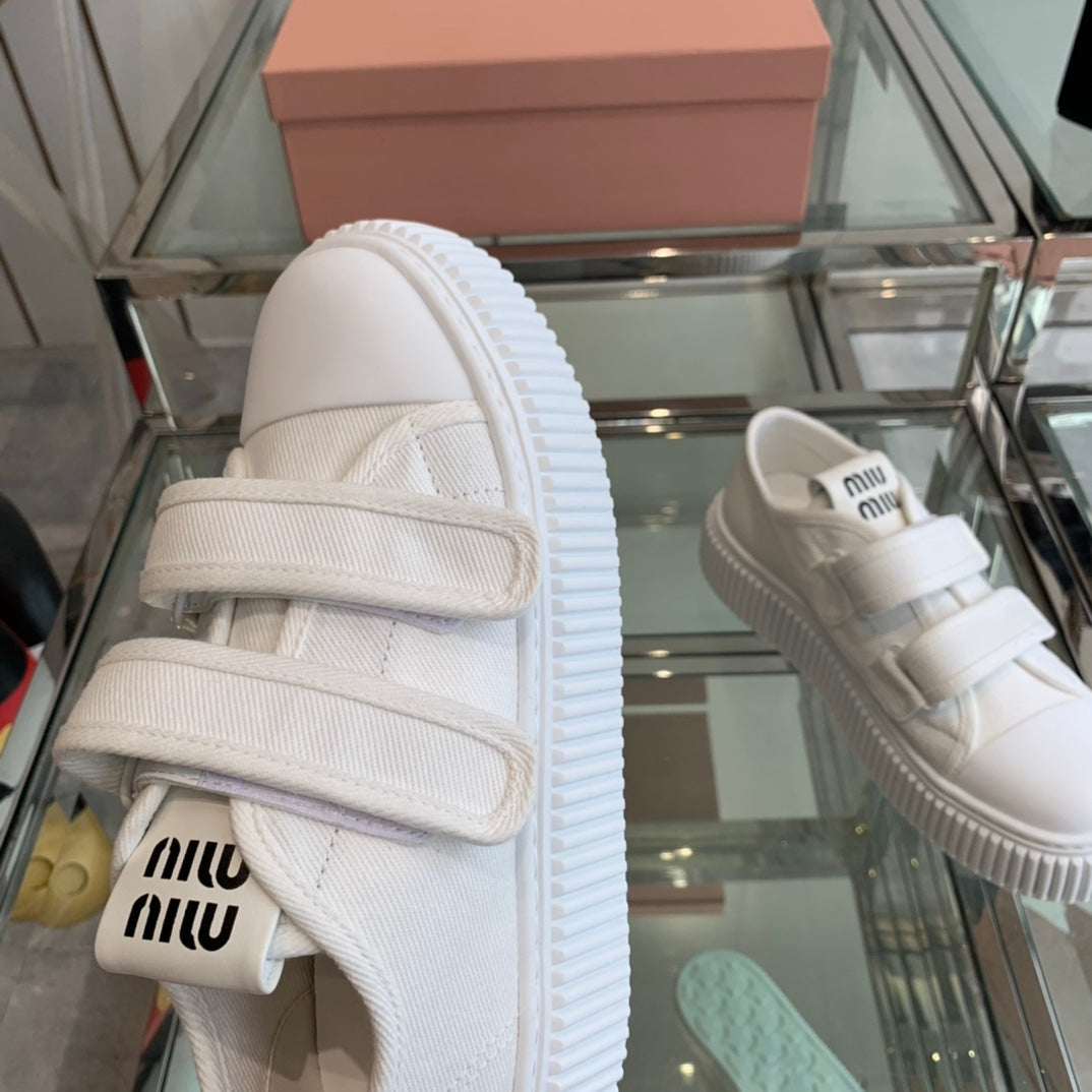 Thick-Soled Denim Sneakers White - 35
