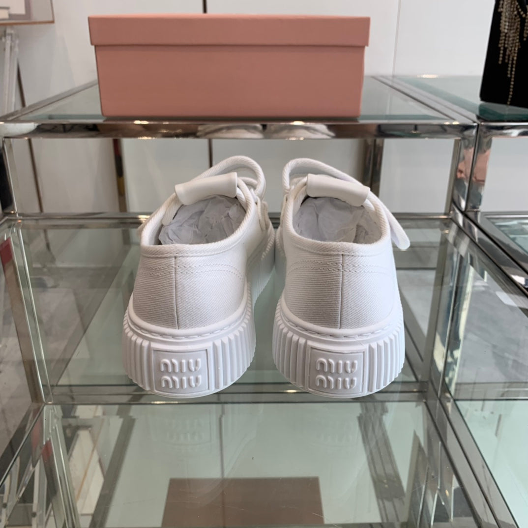 Thick-Soled Denim Sneakers White - 35