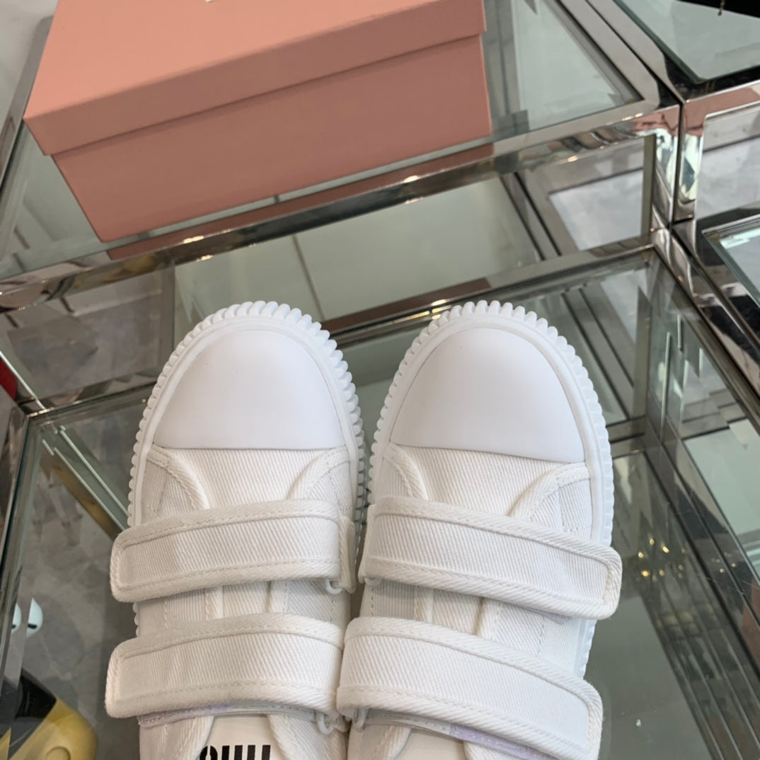 Thick-Soled Denim Sneakers White - 35