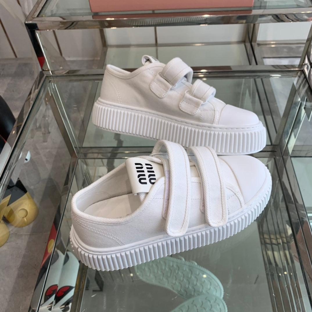 Thick-Soled Denim Sneakers White - 35