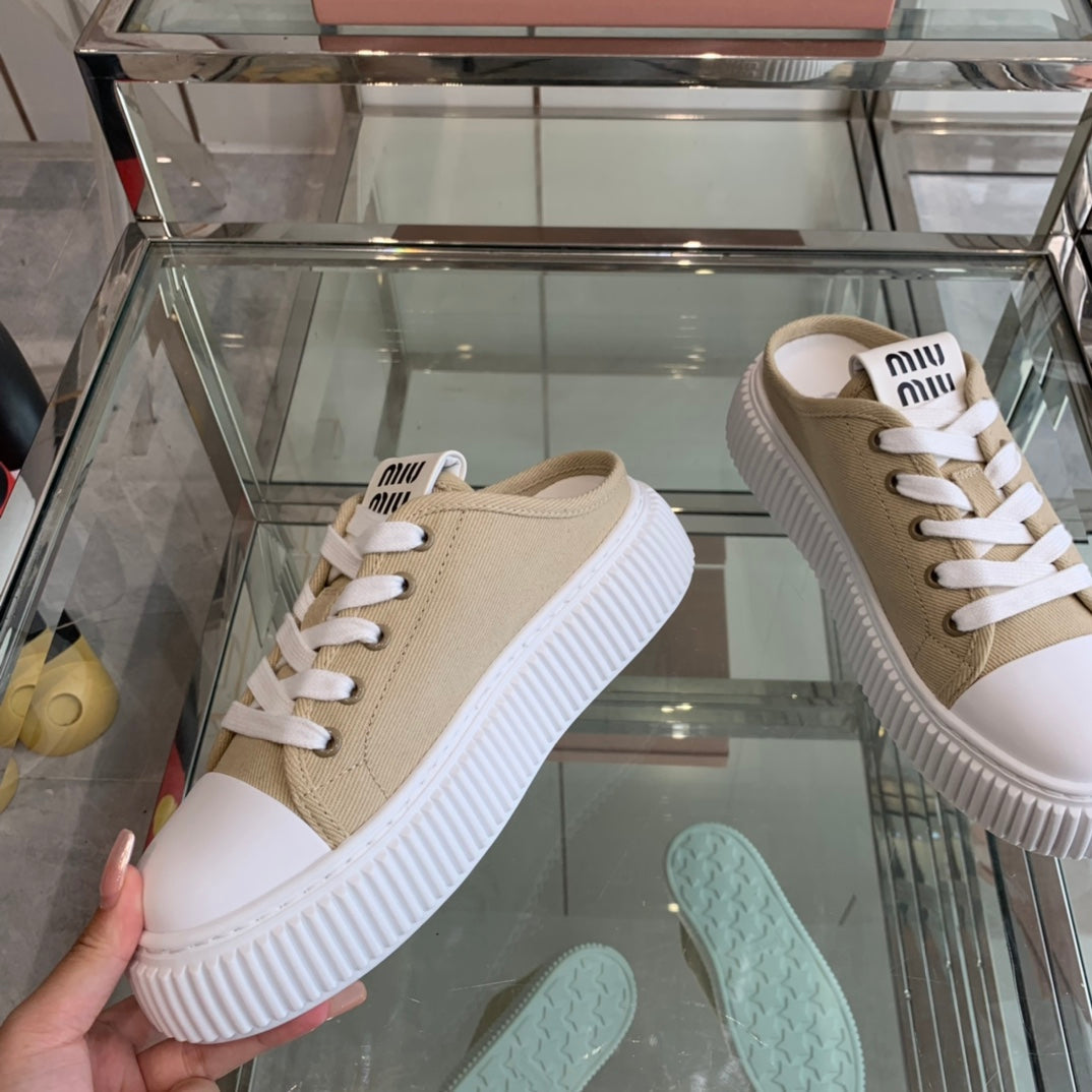 Mule Shoes Khaki And White Canvas - 35