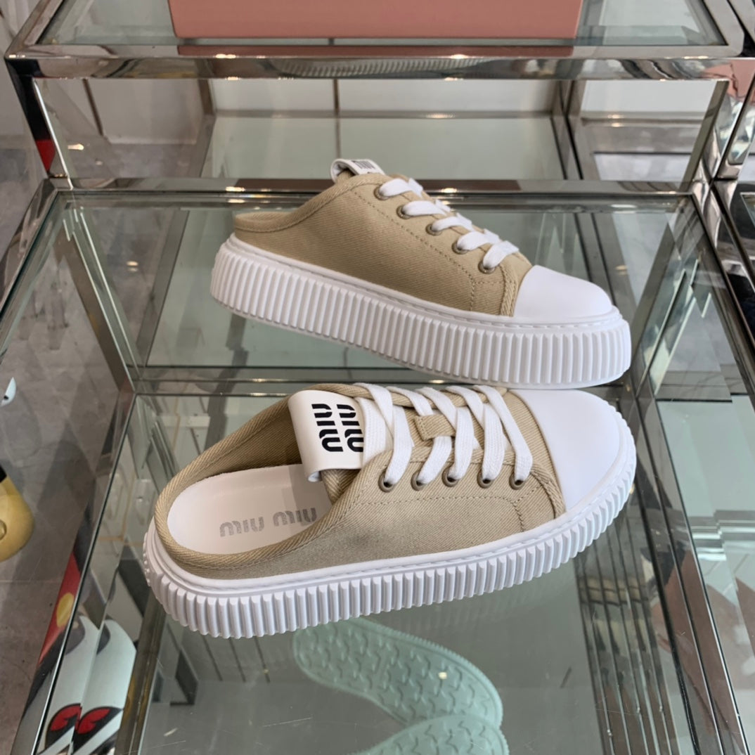 Mule Shoes Khaki And White Canvas - 35