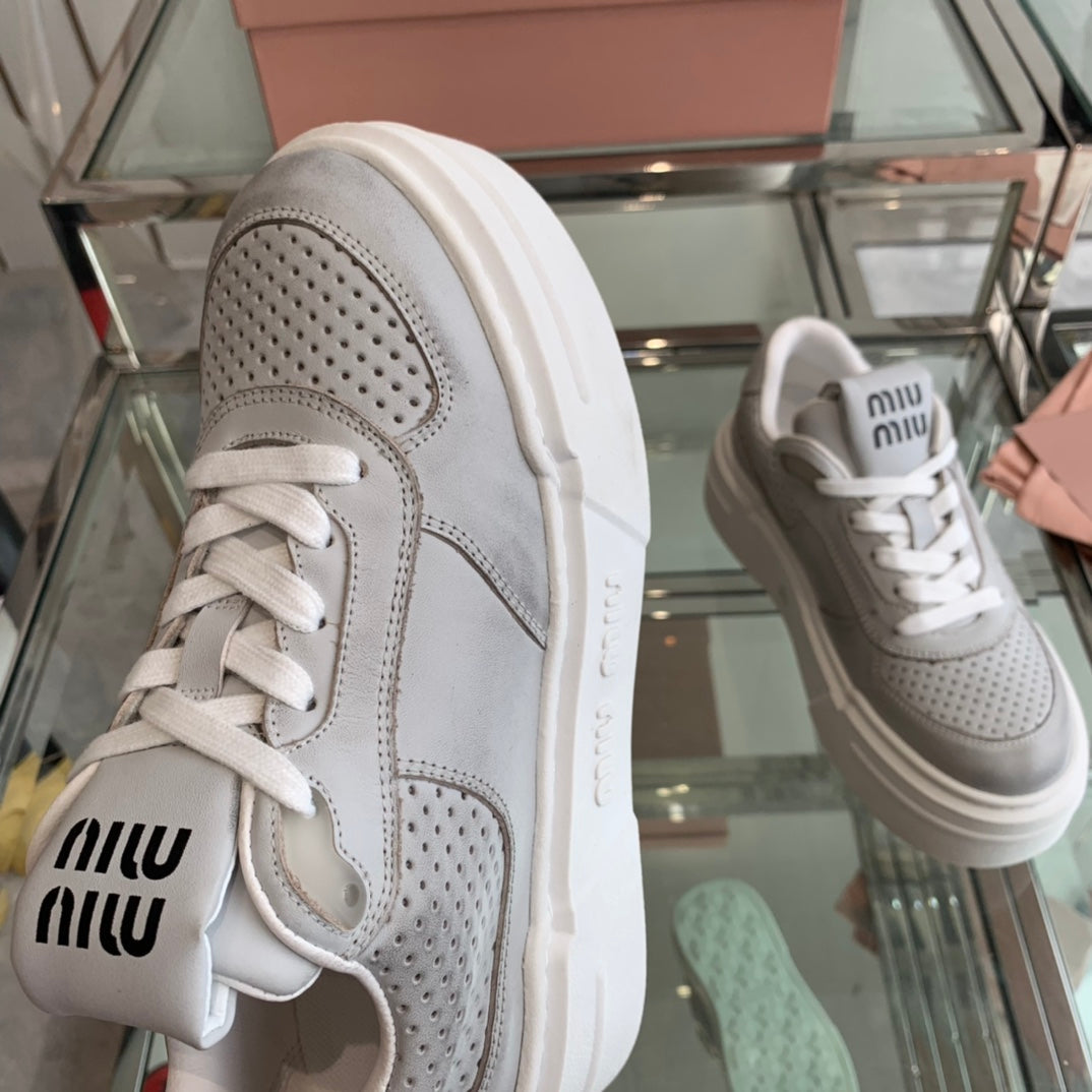 Sneakers Thick-soled Light Gray Cowhide - 35