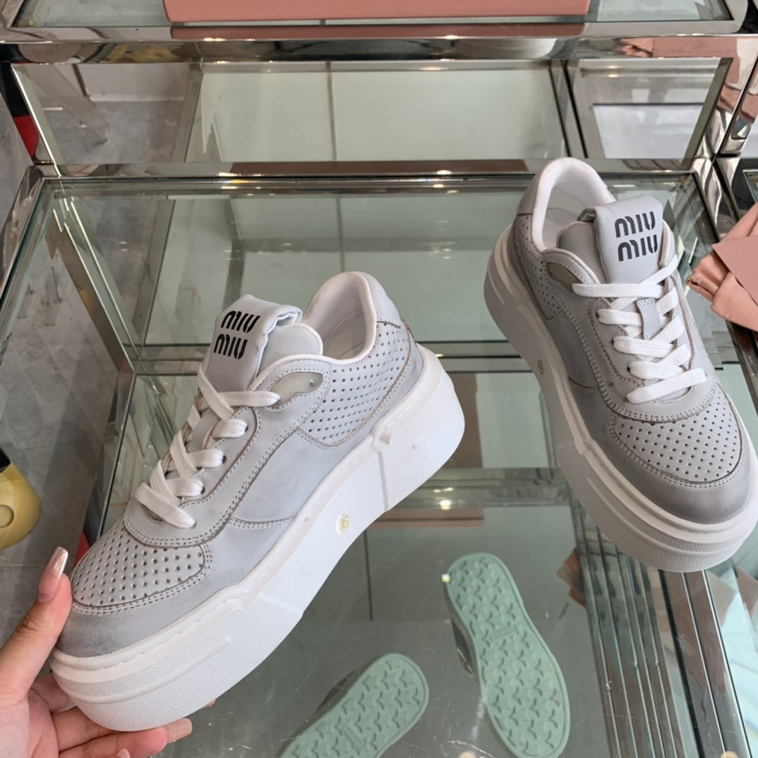 Sneakers Thick-soled Light Gray Cowhide - 35