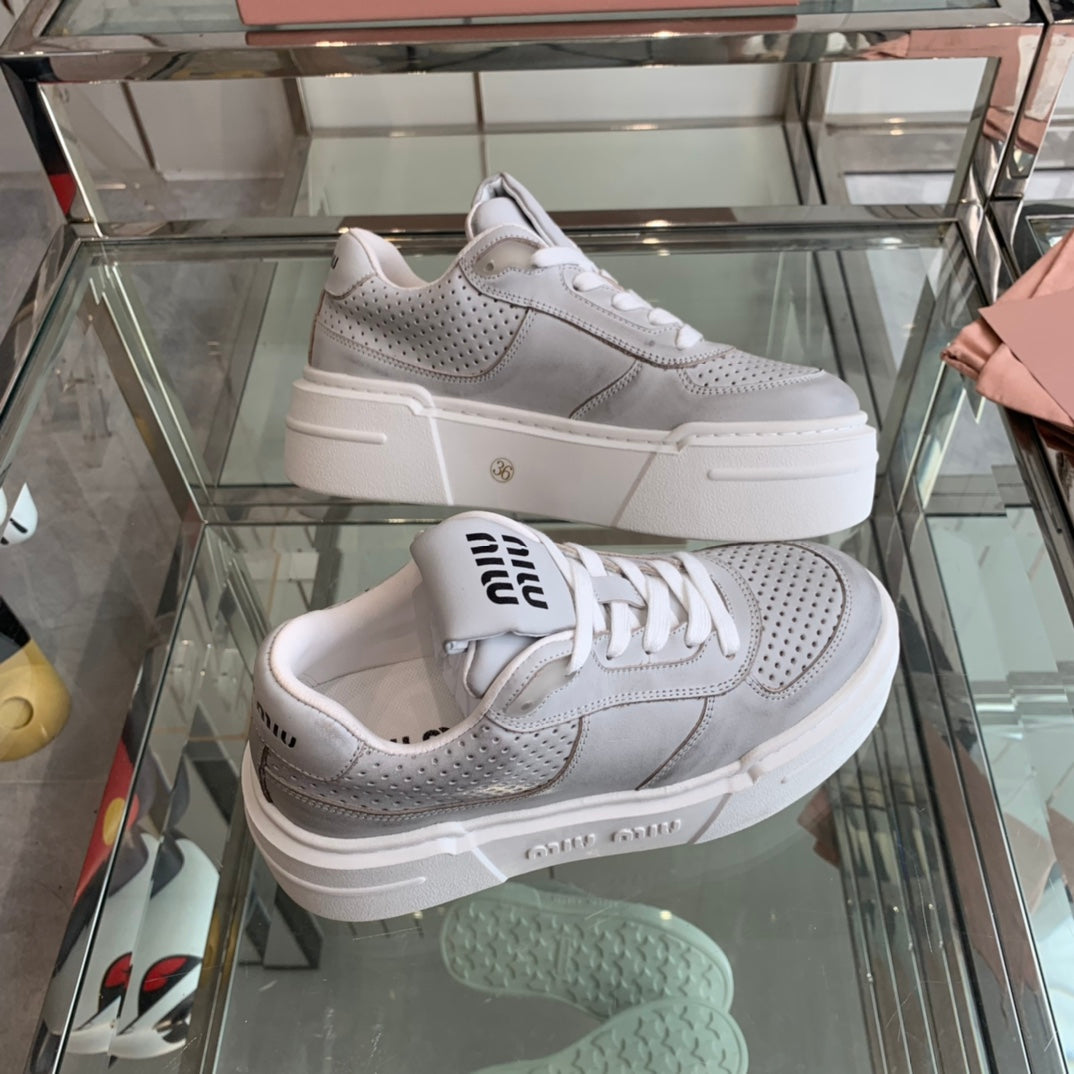 Sneakers Thick-soled Light Gray Cowhide - 35
