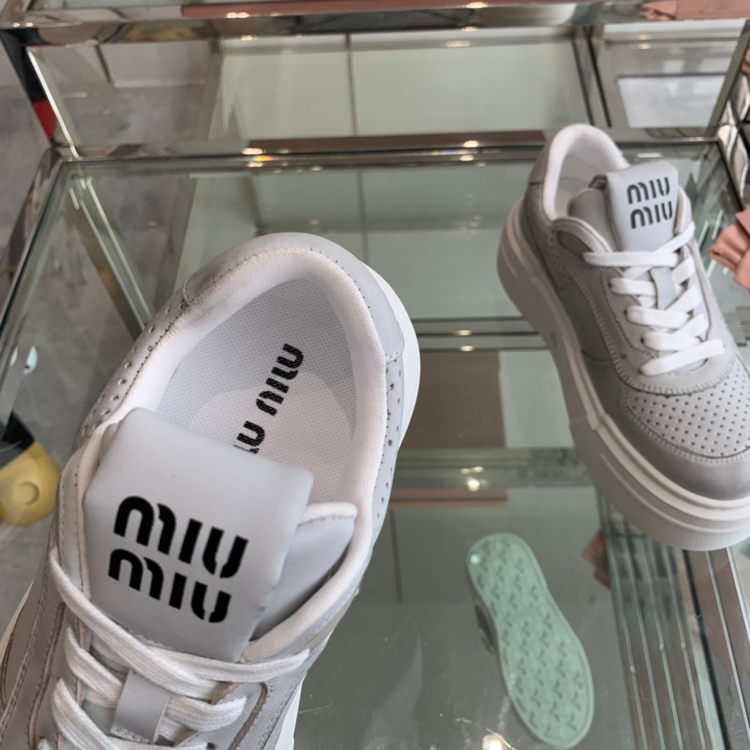 Sneakers Thick-soled Light Gray Cowhide - 35