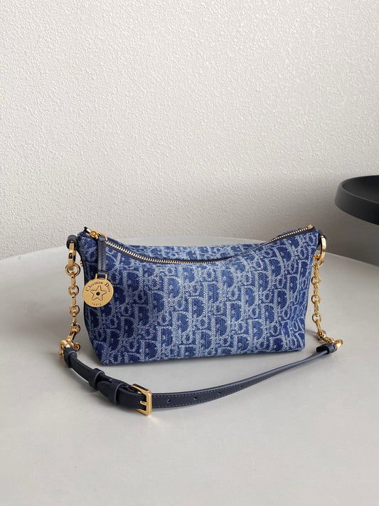 DIORSTAR 28 СУМКА-ХОБО З ЛАНЦЮЖКОМ СИНЯ DENIM OBLIQUE ЖАККАРД