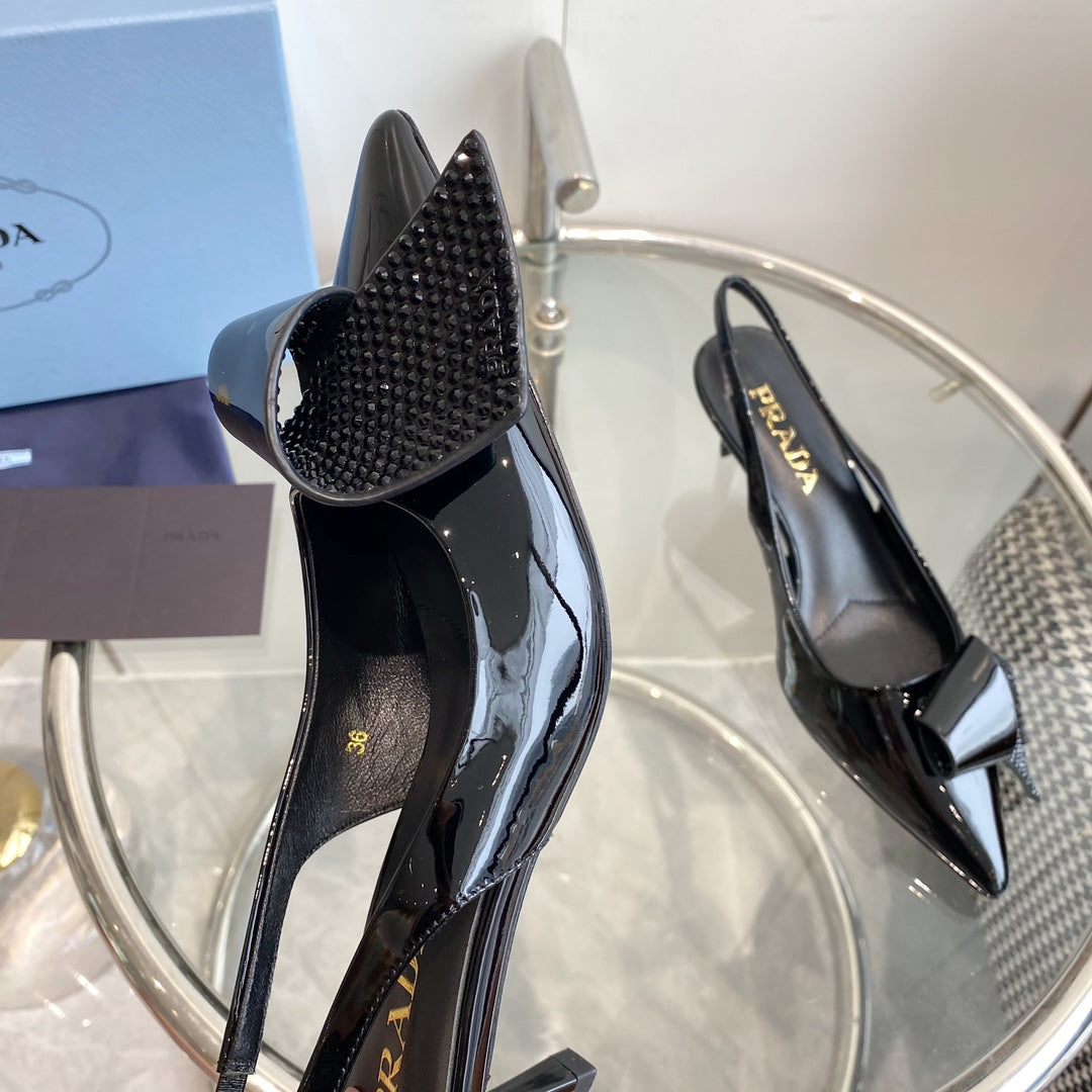 PRA SLINGBACK PUMPS GLOSSY BLACK ATTACHED BOW LAMBSKIN - 35