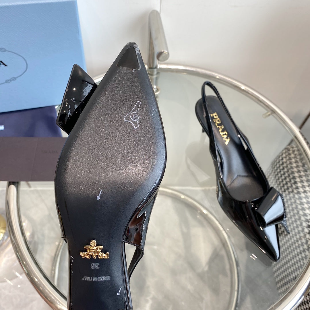 PRA SLINGBACK PUMPS GLOSSY BLACK ATTACHED BOW LAMBSKIN - 35