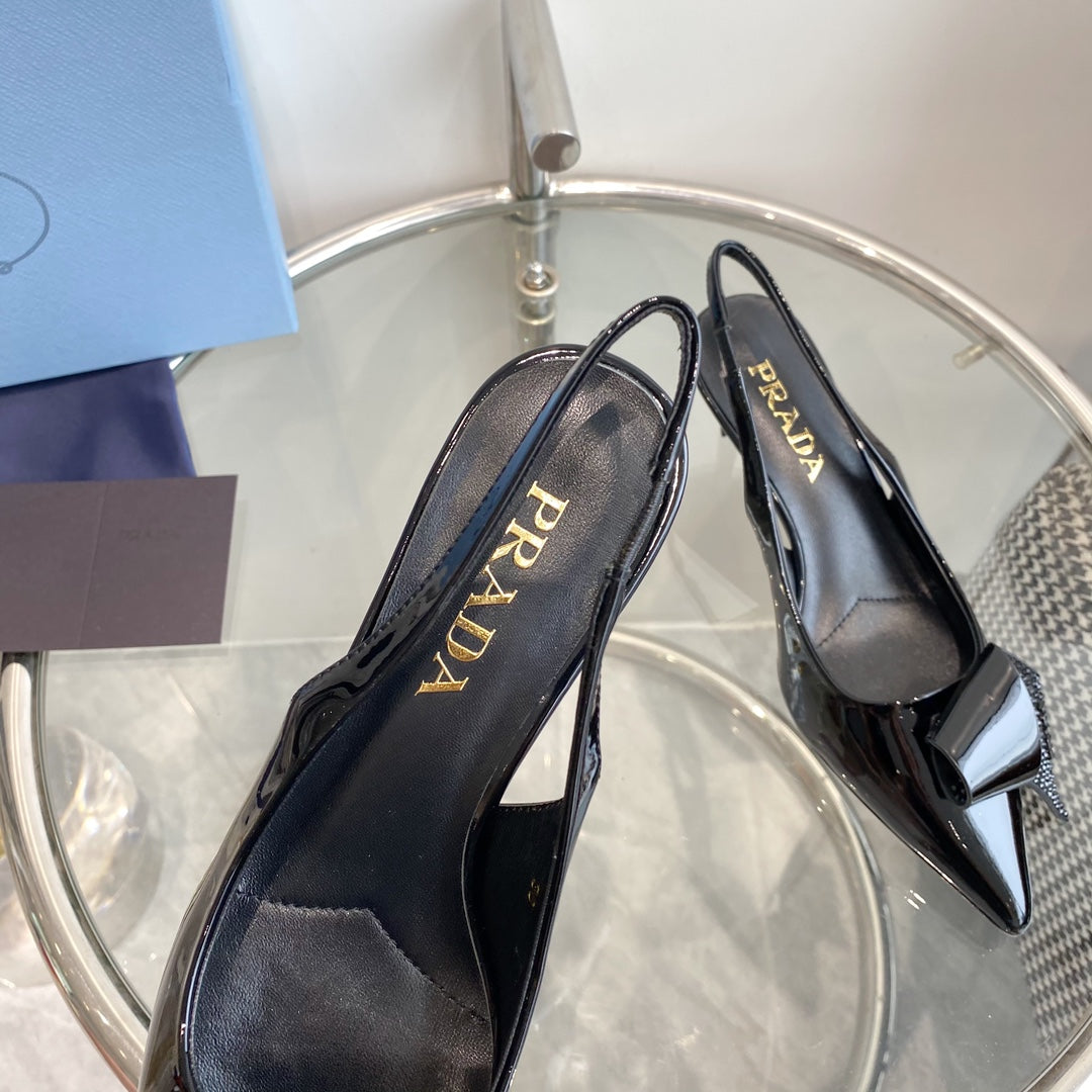 PRA SLINGBACK PUMPS GLOSSY BLACK ATTACHED BOW LAMBSKIN - 35