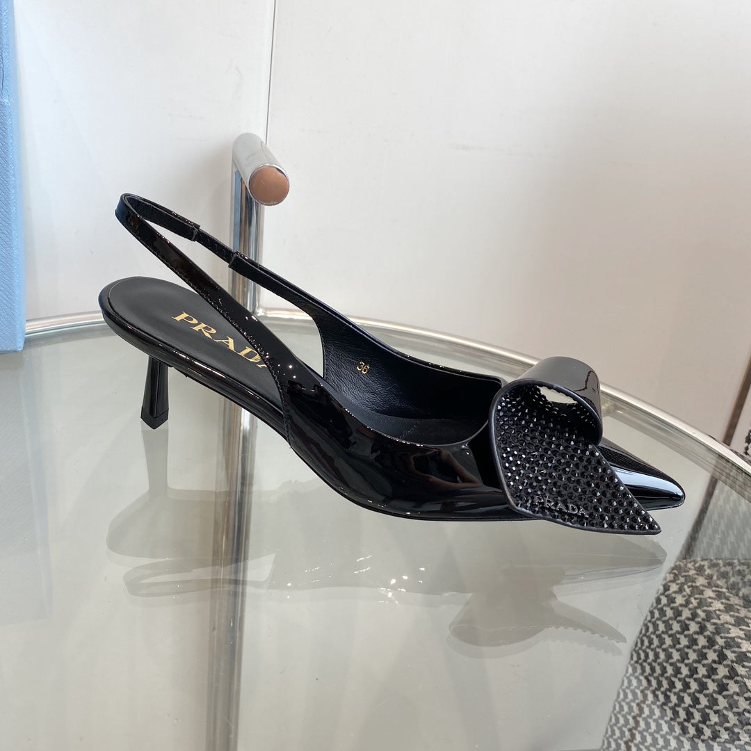 PRA SLINGBACK PUMPS GLOSSY BLACK ATTACHED BOW LAMBSKIN - 35