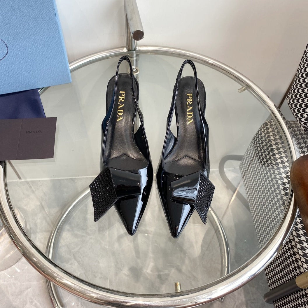 PRA SLINGBACK PUMPS GLOSSY BLACK ATTACHED BOW LAMBSKIN - 35
