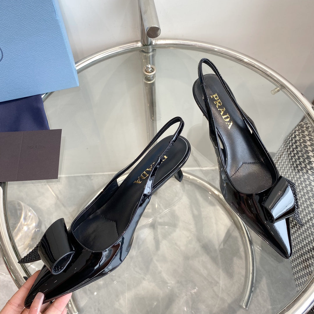 PRA SLINGBACK PUMPS GLOSSY BLACK ATTACHED BOW LAMBSKIN - 35