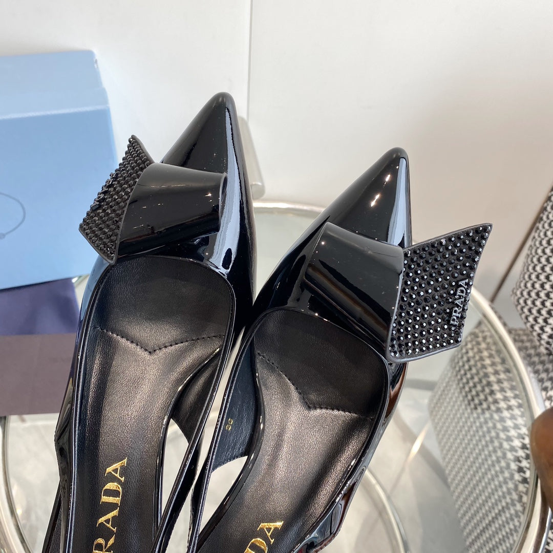 PRA SLINGBACK PUMPS GLOSSY BLACK ATTACHED BOW LAMBSKIN - 35