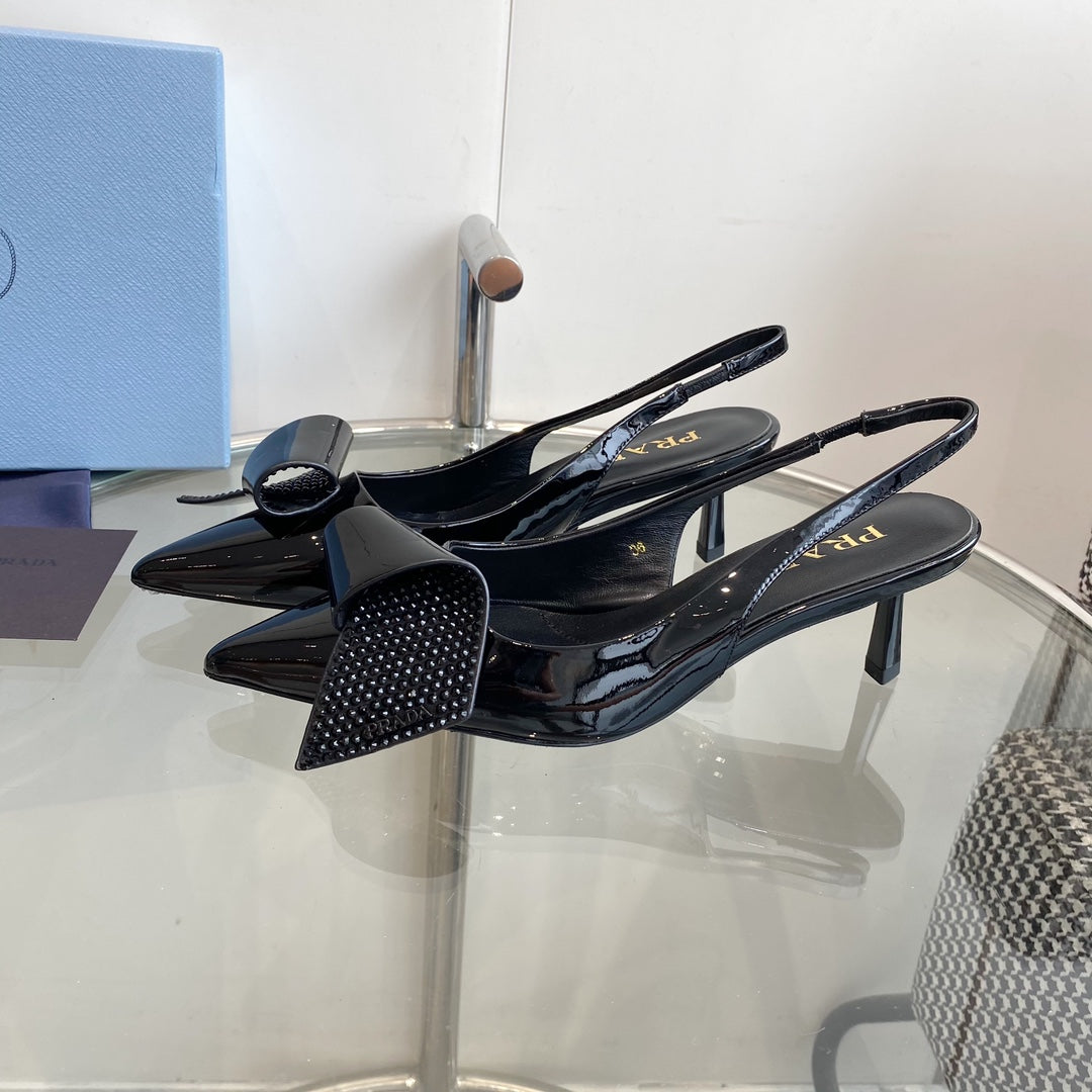 PRA SLINGBACK PUMPS GLOSSY BLACK ATTACHED BOW LAMBSKIN - 35