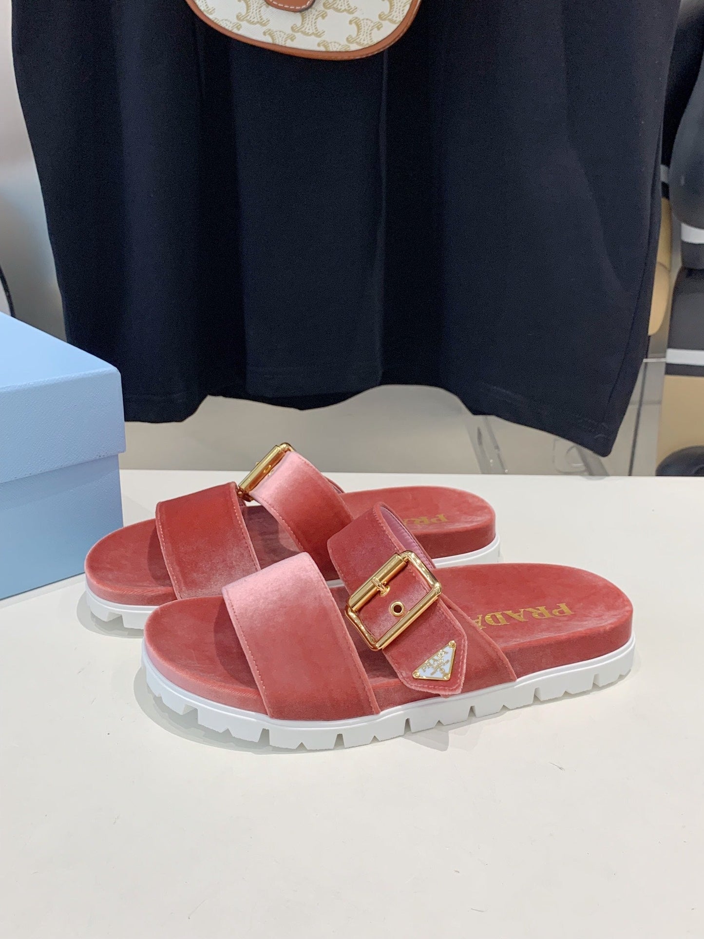 PRA SLIDES SANDALS DARK PINK VELVET - 35
