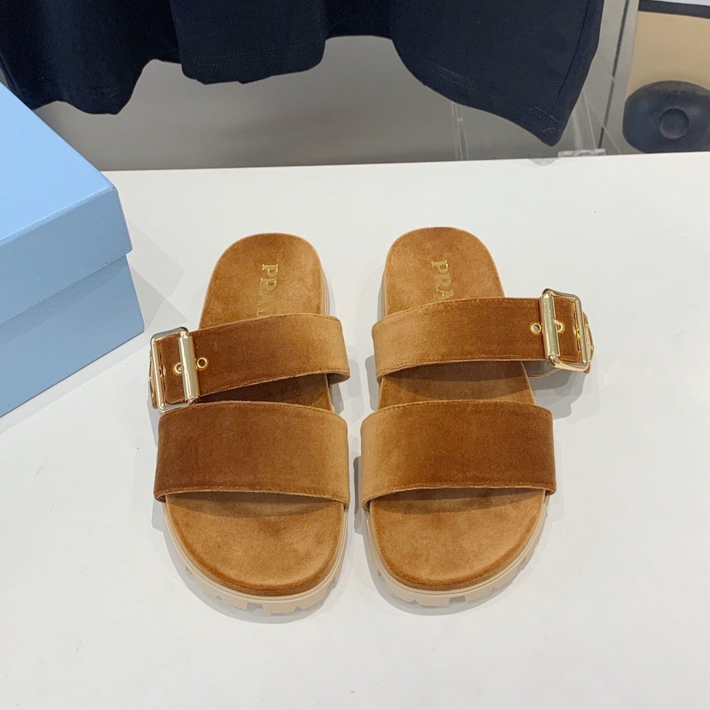 PRA SLIDES SANDALS CAMEL VELVET - 35
