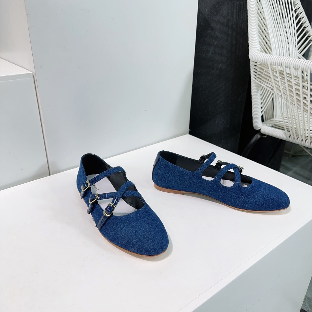 FLAT MARY JANE IN NAVY BLUE FABRIC - 35