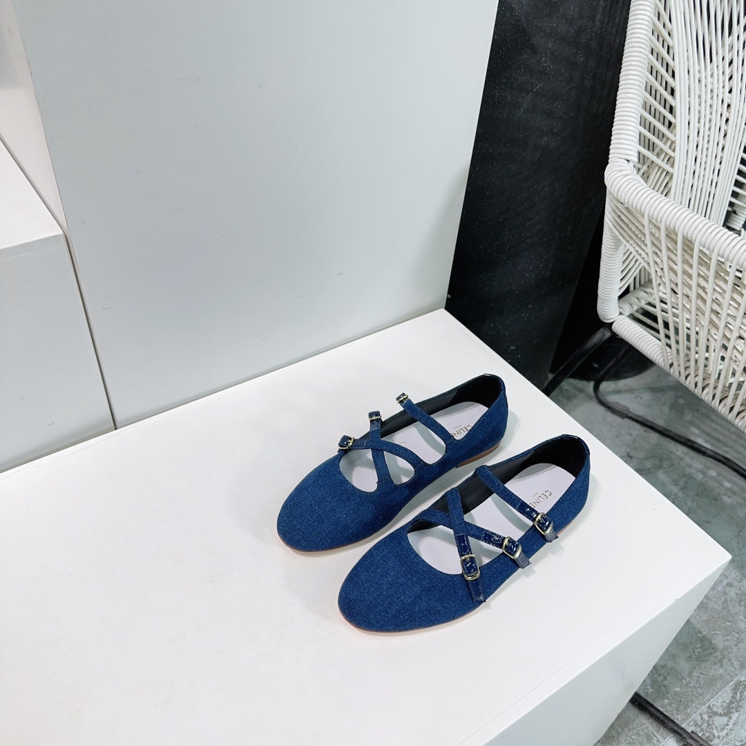 FLAT MARY JANE IN NAVY BLUE FABRIC - 35