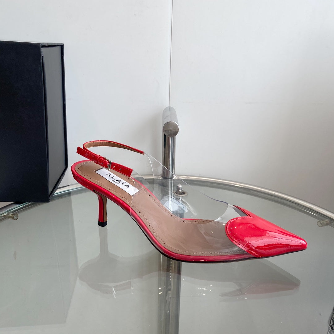 ALAIA HIGH 6 CM SLINGBACK IN CHERRY RED PATENT CALFSKIN AND FILM - 35