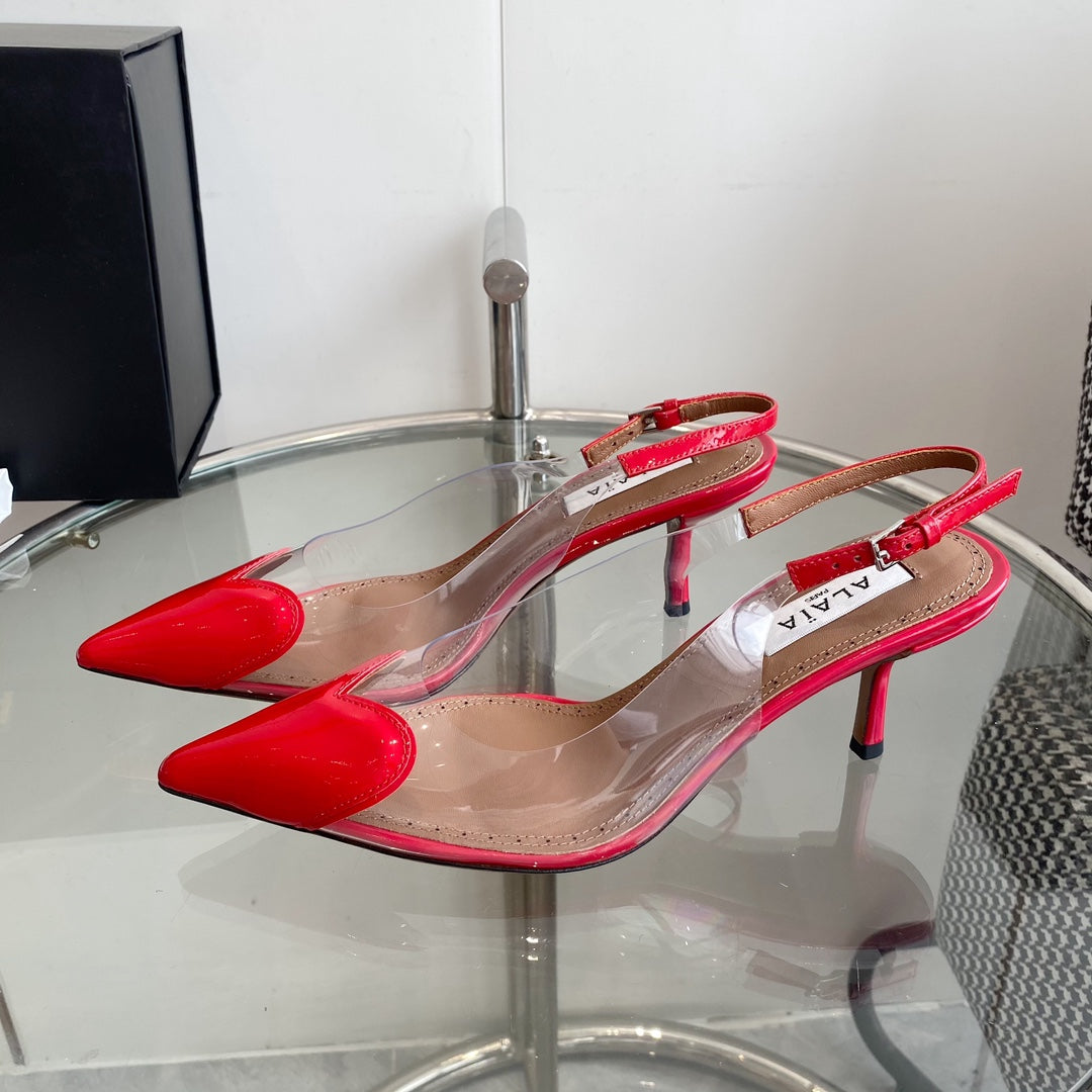 ALAIA HIGH 6 CM SLINGBACK IN CHERRY RED PATENT CALFSKIN AND FILM - 35