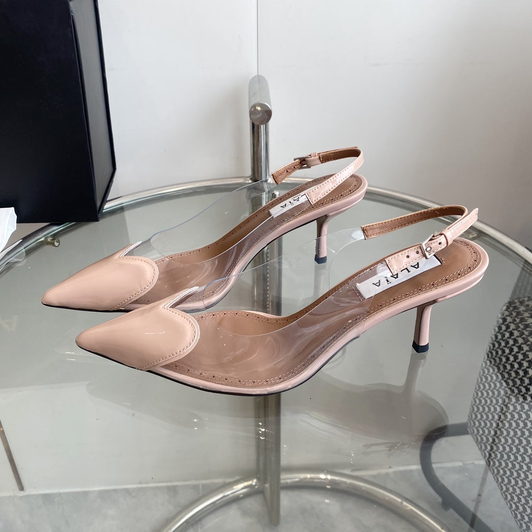 ALAIA HIGH 6 CM SLINGBACK IN BEIGE CREAM PATENT CALFSKIN AND FILM - 35