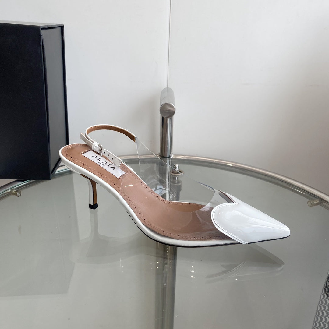 ALAIA HIGH 6 CM SLINGBACK IN WHITE PATENT CALFSKIN AND FILM - 35