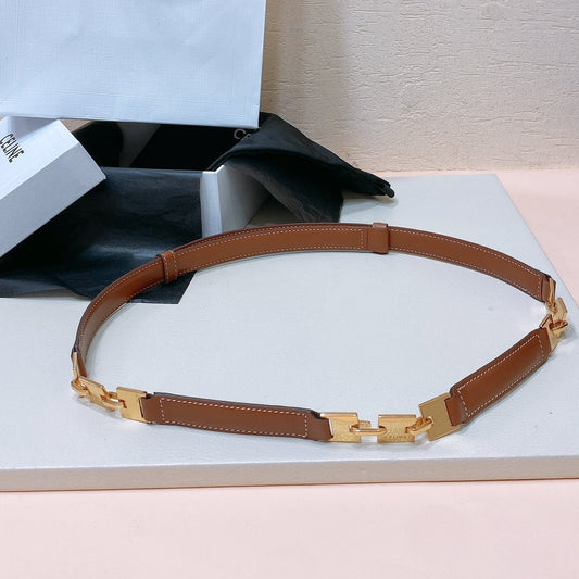 CL SMALL 18 MM SQUARE ADJUSTABLE BELT IN BRONZE BROWN LEATHER GOLD HARDWARE - 30