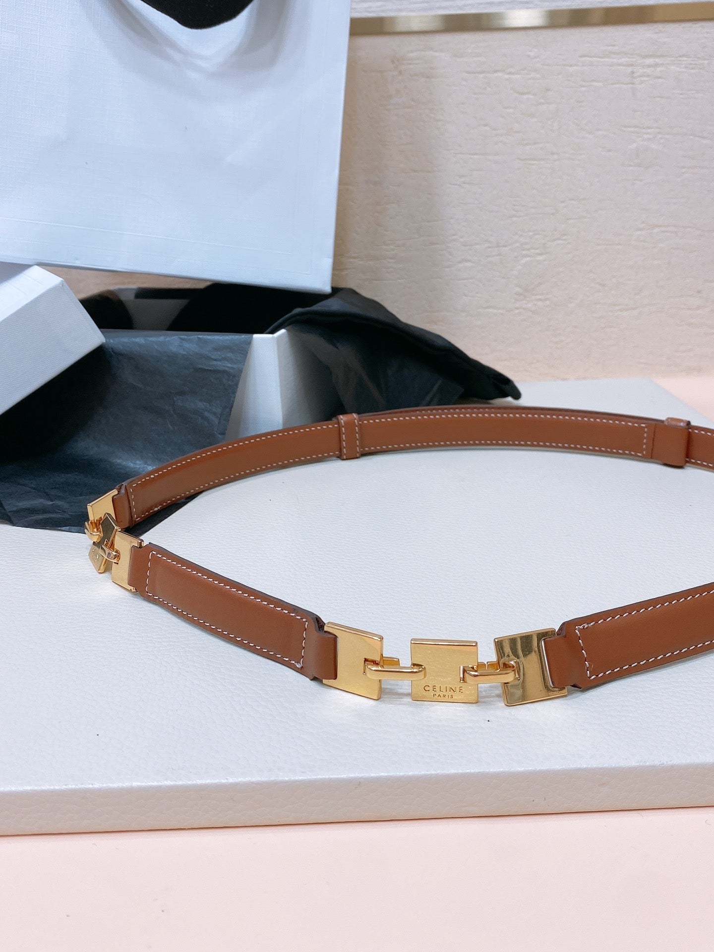 CL SMALL 18 MM SQUARE ADJUSTABLE BELT IN BRONZE BROWN LEATHER GOLD HARDWARE - 30