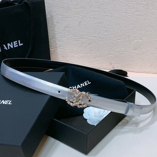 CC BELT 20MM IN SILVER GREY CALFSKIN GOLD HARDWARE ATTACH PEARLS - 30