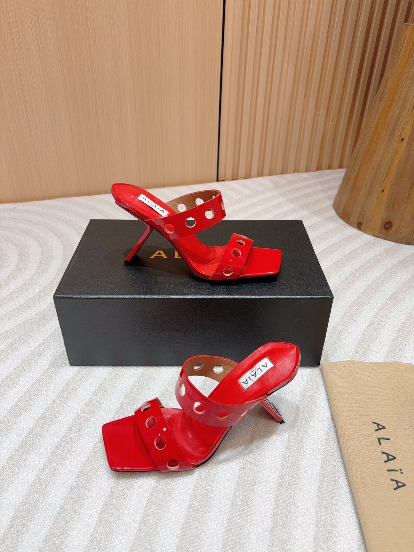 ALAIA TWO-STRAPS HIGH HEEL SANDALS IN CHERRY RED PATENT LAMBSKIN - 35