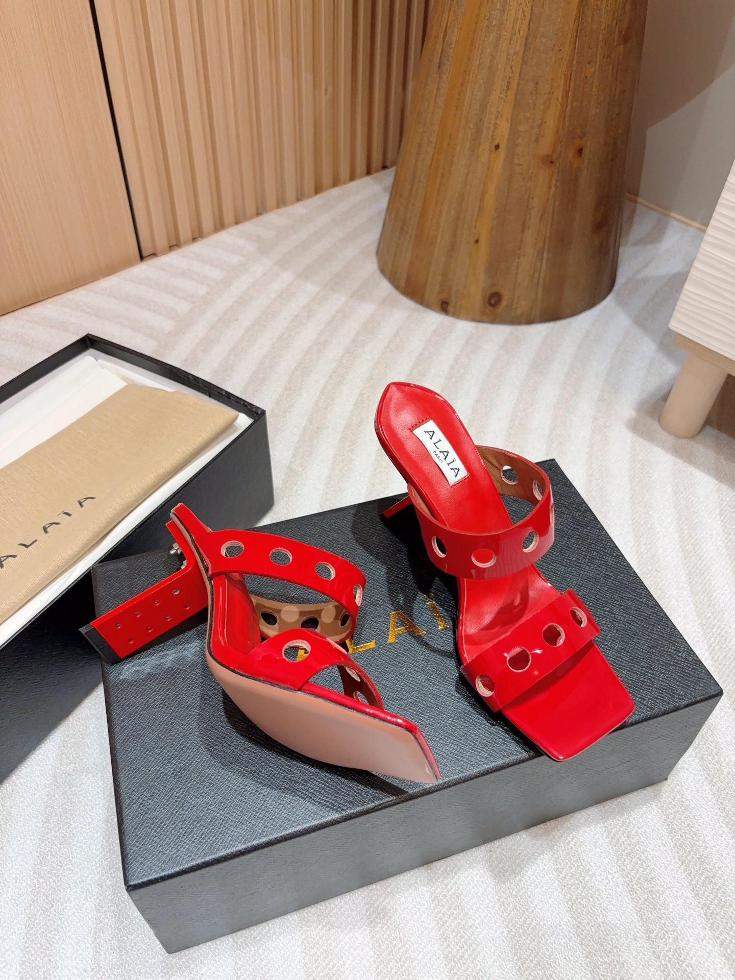 ALAIA TWO-STRAPS HIGH HEEL SANDALS IN CHERRY RED PATENT LAMBSKIN - 35