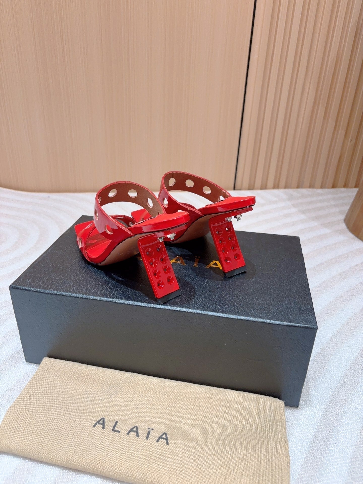ALAIA TWO-STRAPS HIGH HEEL SANDALS IN CHERRY RED PATENT LAMBSKIN - 35