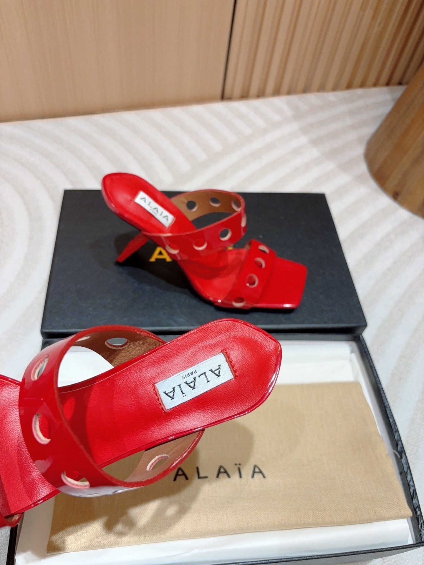 ALAIA TWO-STRAPS HIGH HEEL SANDALS IN CHERRY RED PATENT LAMBSKIN - 35