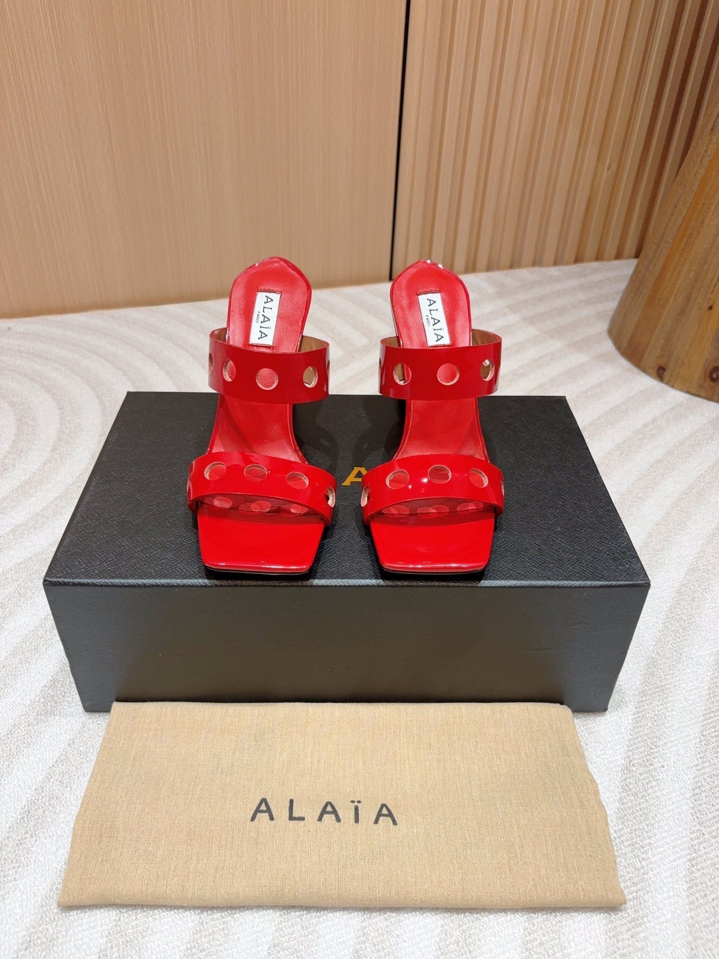 ALAIA TWO-STRAPS HIGH HEEL SANDALS IN CHERRY RED PATENT LAMBSKIN - 35