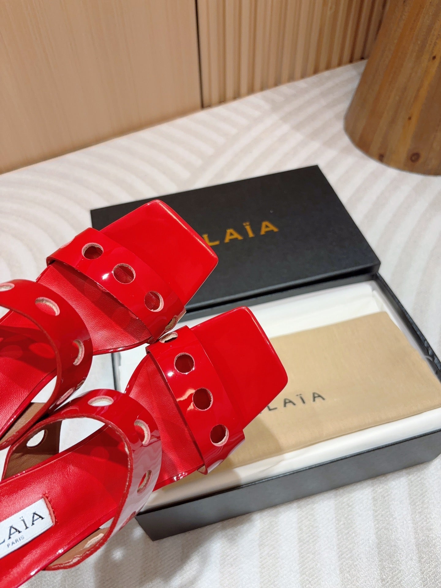 ALAIA TWO-STRAPS HIGH HEEL SANDALS IN CHERRY RED PATENT LAMBSKIN - 35