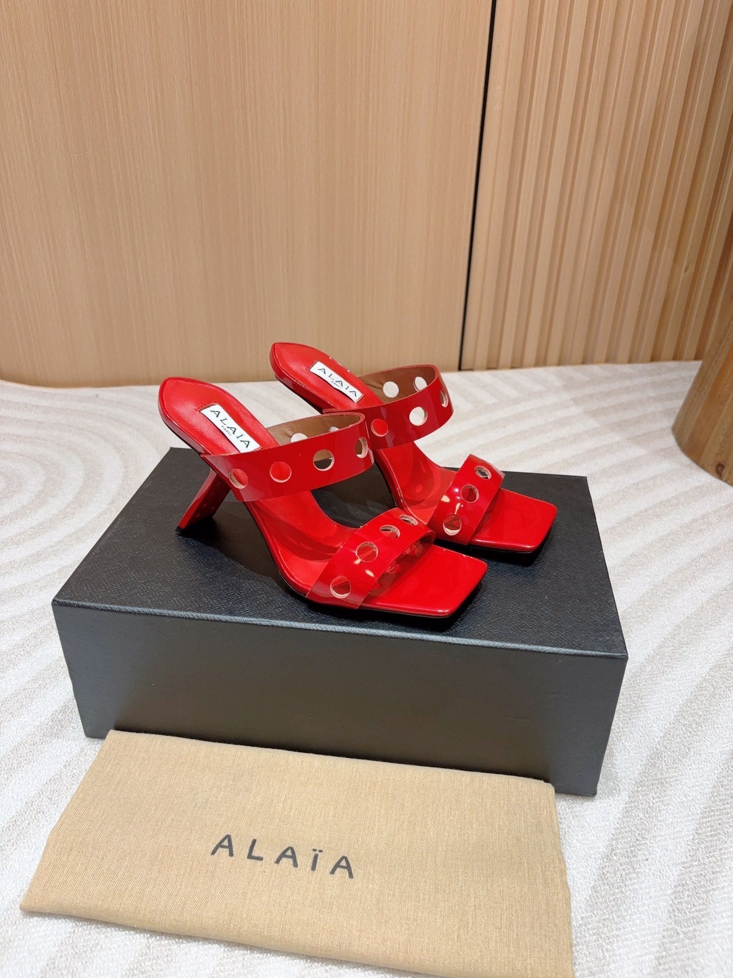 ALAIA TWO-STRAPS HIGH HEEL SANDALS IN CHERRY RED PATENT LAMBSKIN - 35