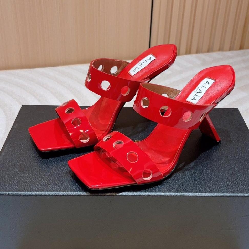 ALAIA TWO-STRAPS HIGH HEEL SANDALS IN CHERRY RED PATENT LAMBSKIN - 35
