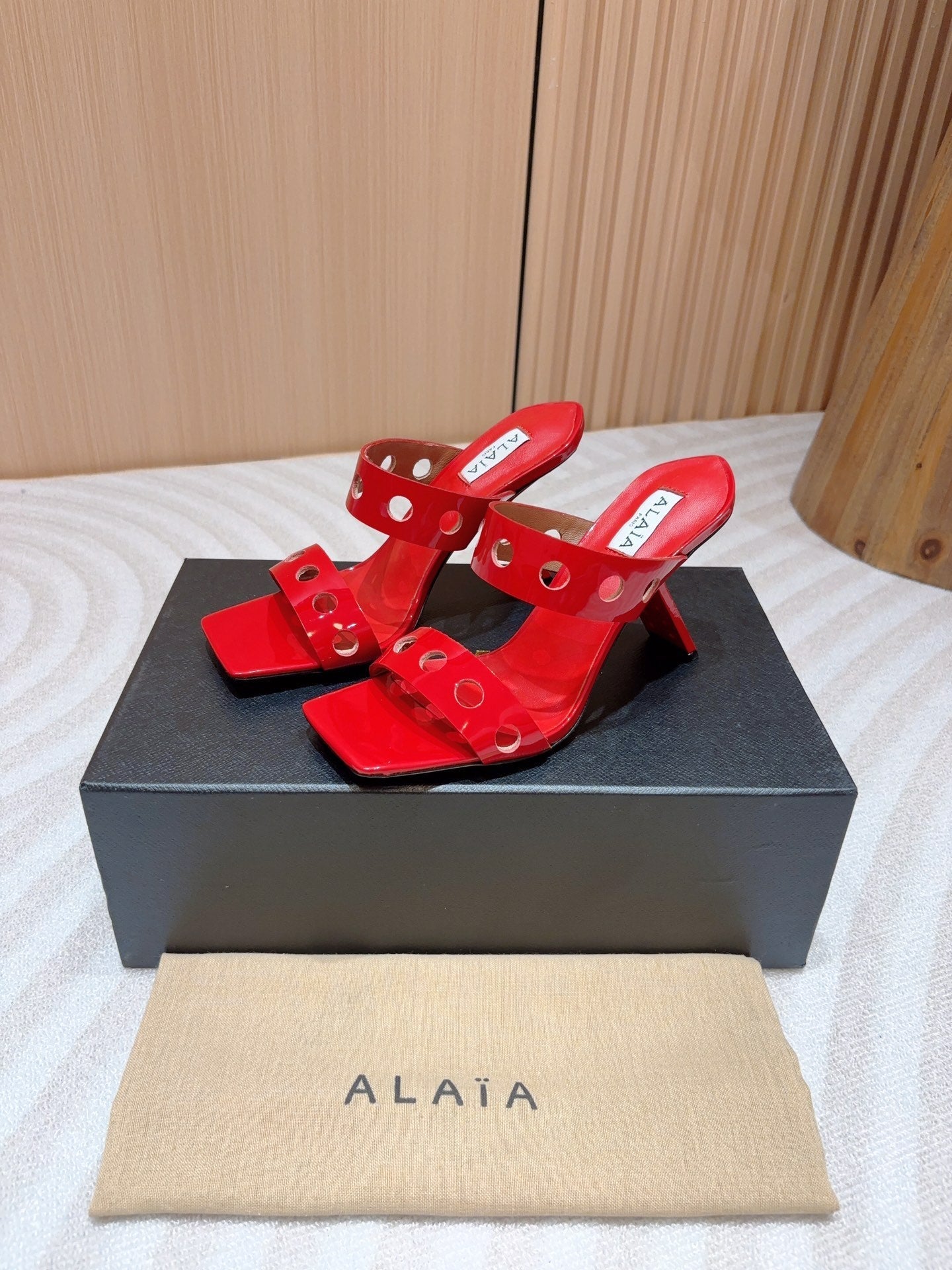 ALAIA TWO-STRAPS HIGH HEEL SANDALS IN CHERRY RED PATENT LAMBSKIN - 35