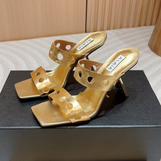 ALAIA TWO-STRAPS HIGH HEEL SANDALS IN GOLDEN PATENT LAMBSKIN - 35
