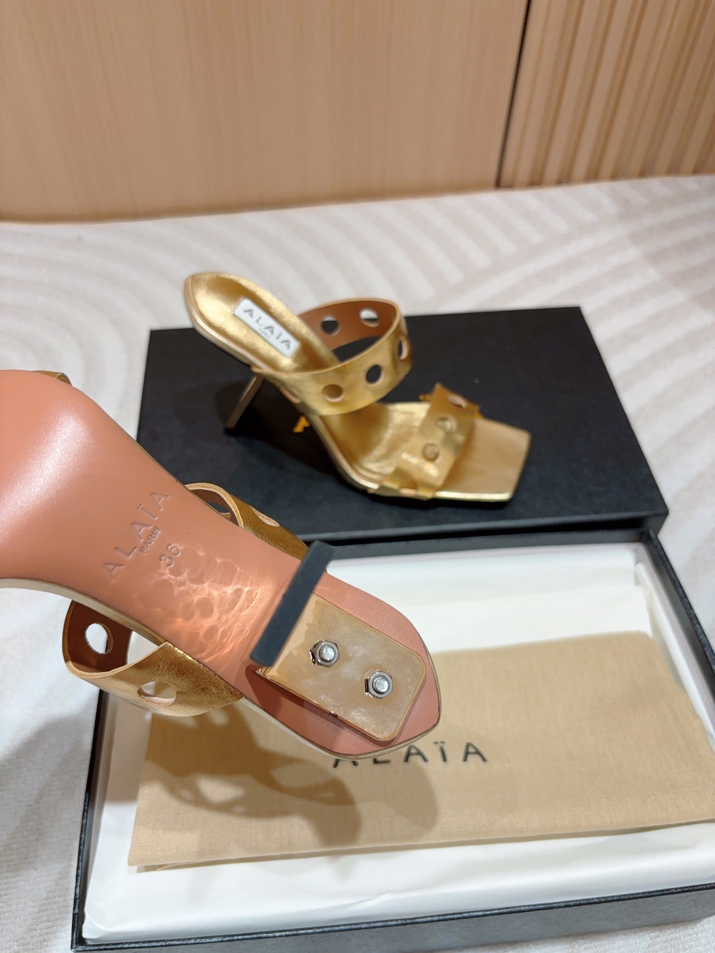 ALAIA TWO-STRAPS HIGH HEEL SANDALS IN GOLDEN PATENT LAMBSKIN - 35