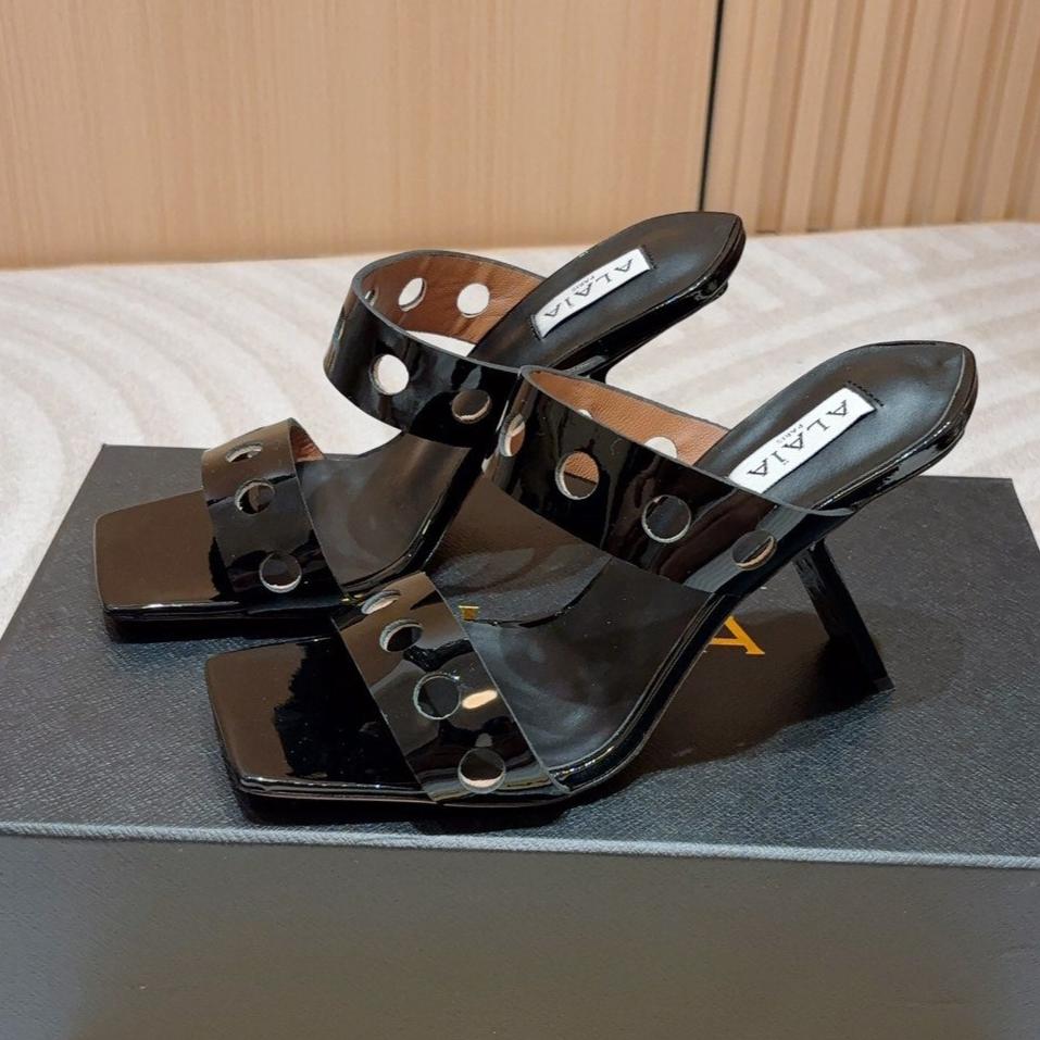 ALAIA TWO-STRAPS HIGH HEEL SANDALS IN BLACK PATENT LAMBSKIN - 35