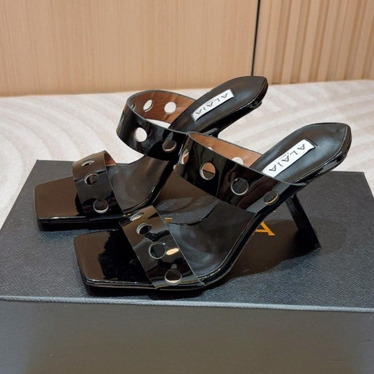ALAIA TWO-STRAPS HIGH HEEL SANDALS IN BLACK PATENT LAMBSKIN - 35