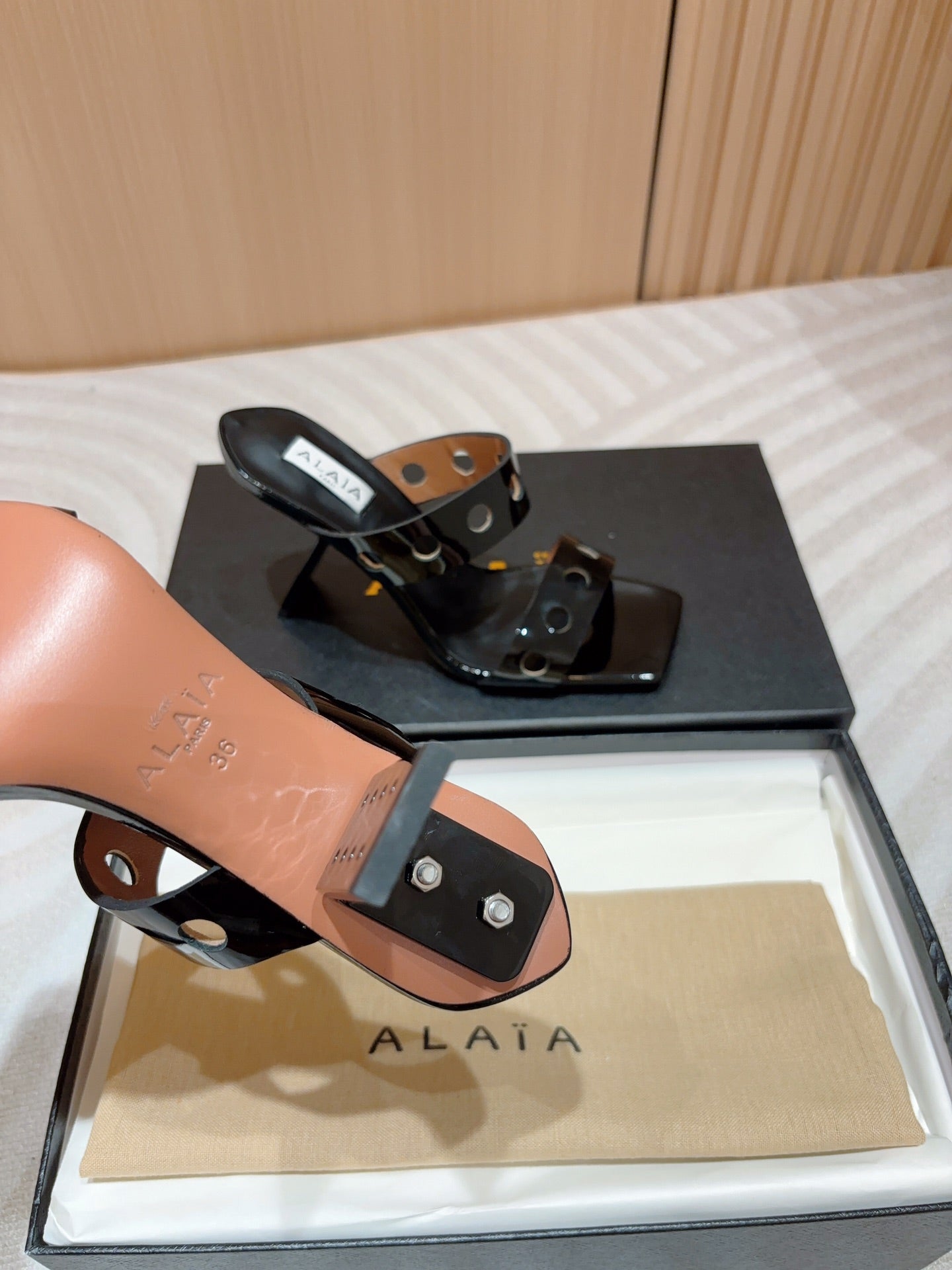 ALAIA TWO-STRAPS HIGH HEEL SANDALS IN BLACK PATENT LAMBSKIN - 35