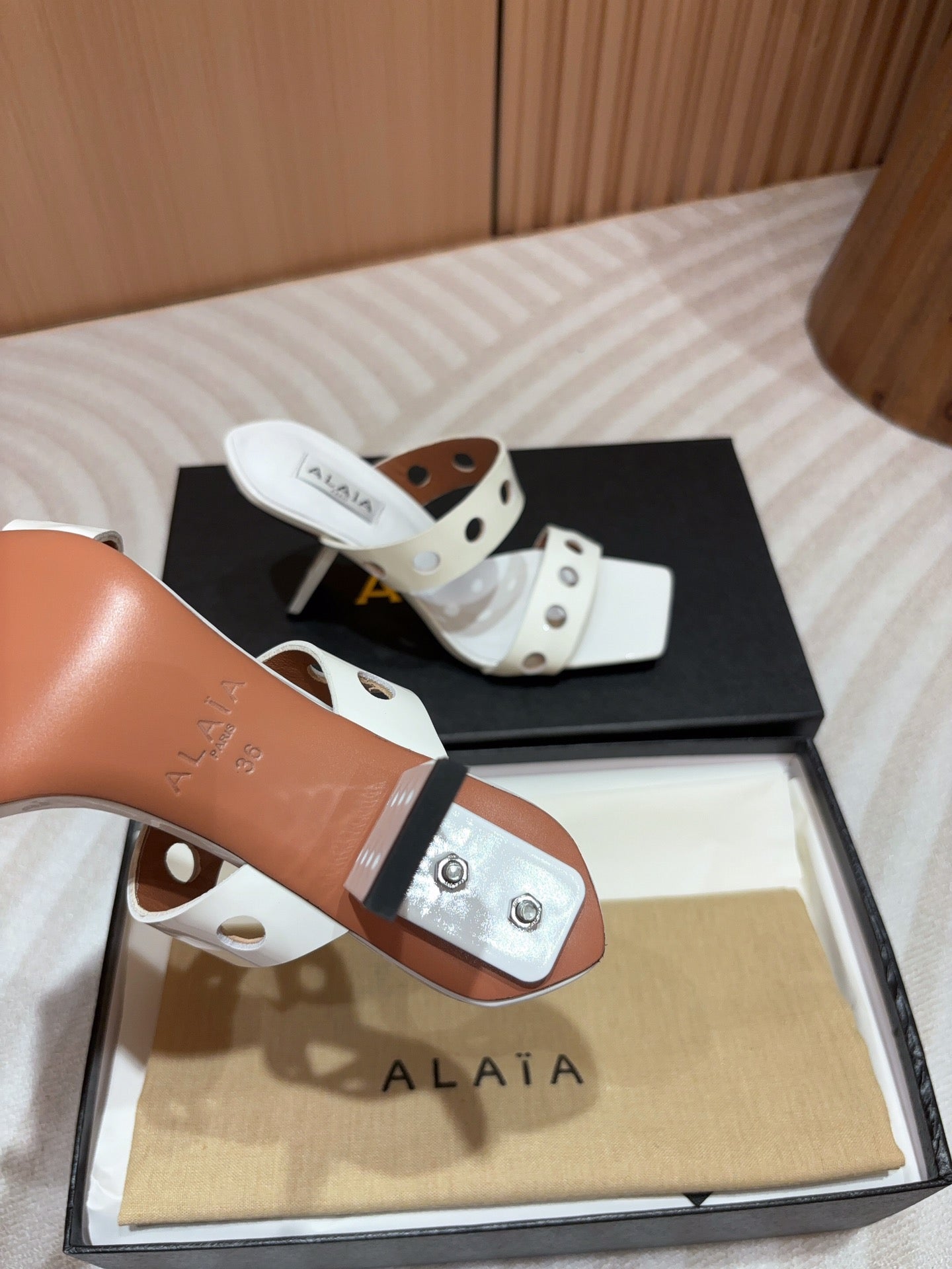 ALAIA TWO-STRAPS HIGH HEEL SANDALS IN WHITE PATENT LAMBSKIN - 35