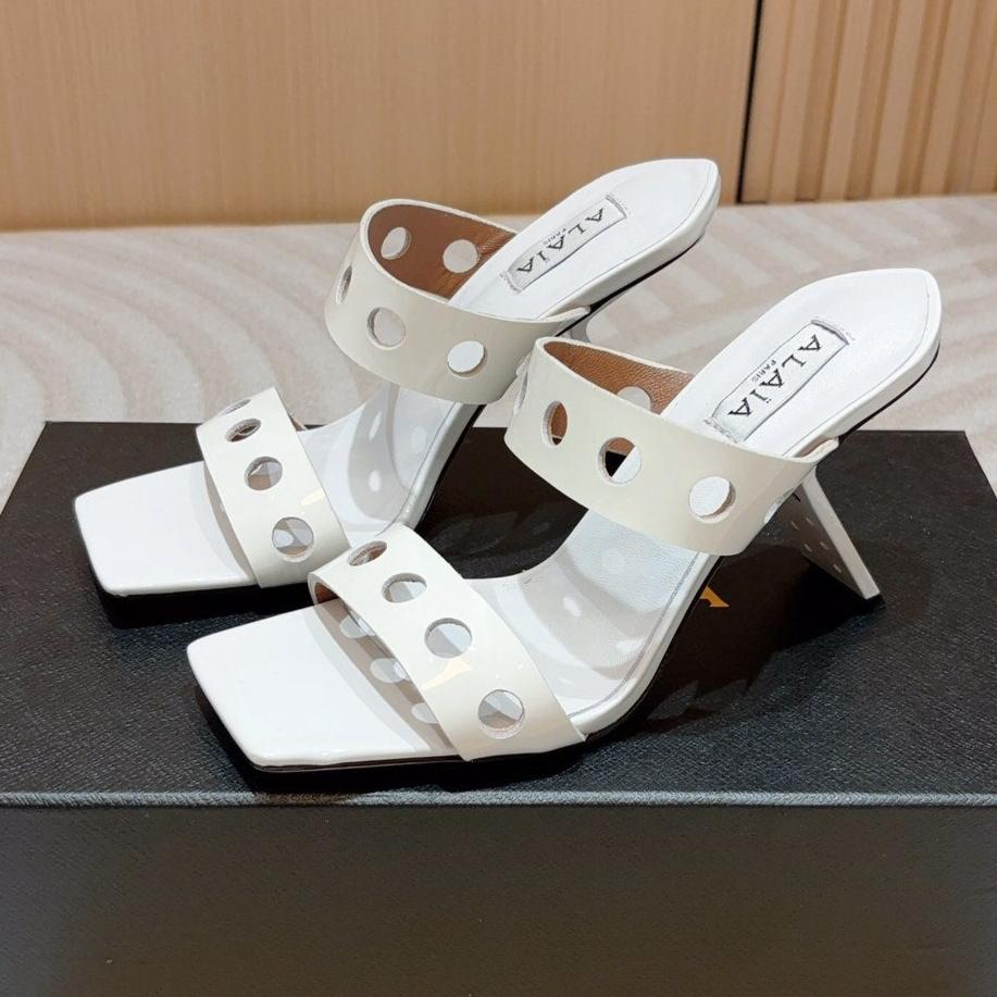 ALAIA TWO-STRAPS HIGH HEEL SANDALS IN WHITE PATENT LAMBSKIN - 35