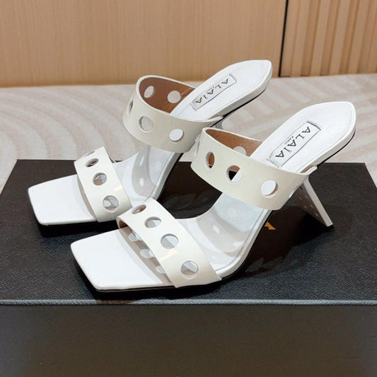 ALAIA TWO-STRAPS HIGH HEEL SANDALS IN WHITE PATENT LAMBSKIN - 35