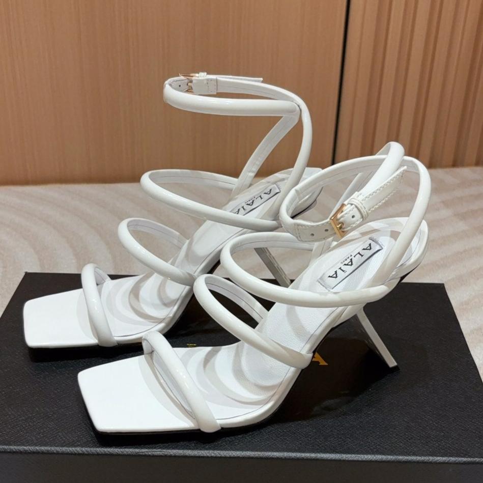 ALAIA THREE-STRAPS HIGH HEEL SANDALS IN WHITE PATENT LAMBSKIN - 35